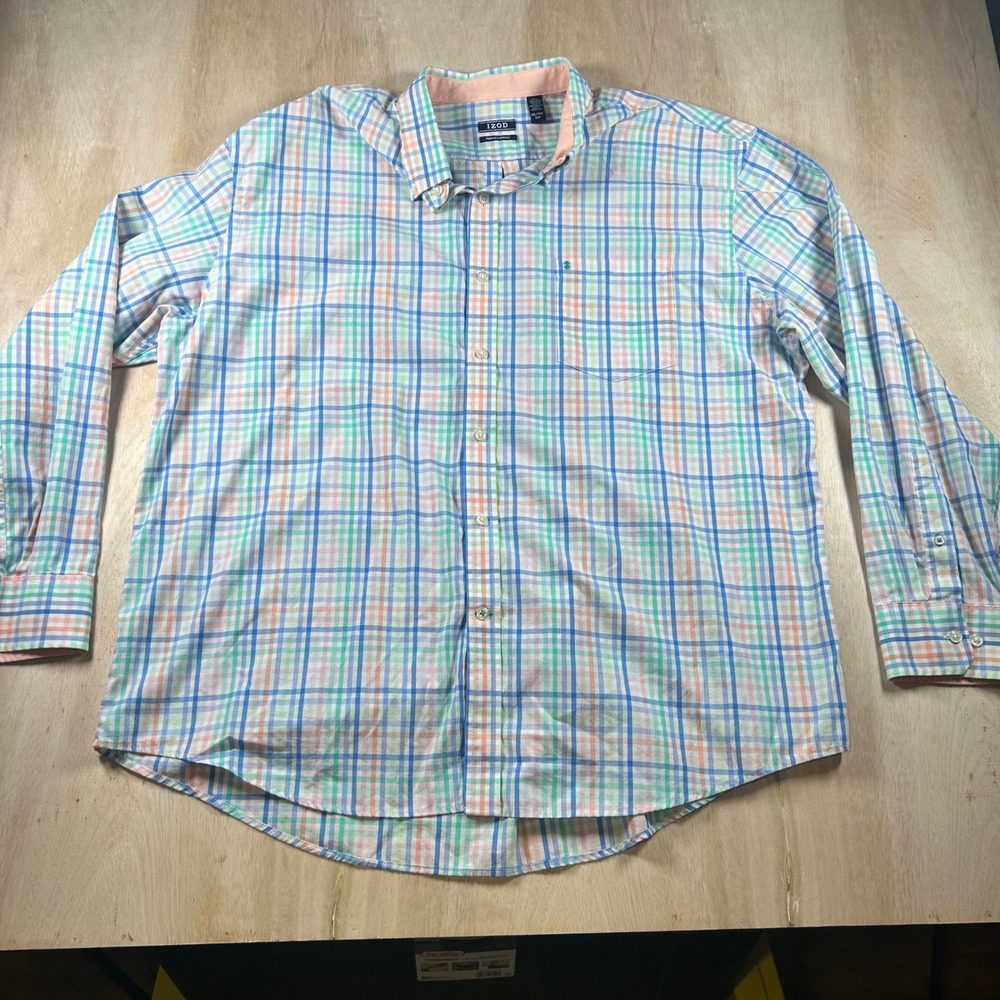 IZOD Premium Essentials Mens XXL Plaid Button Down Shirt Blue Green Peach Cotton